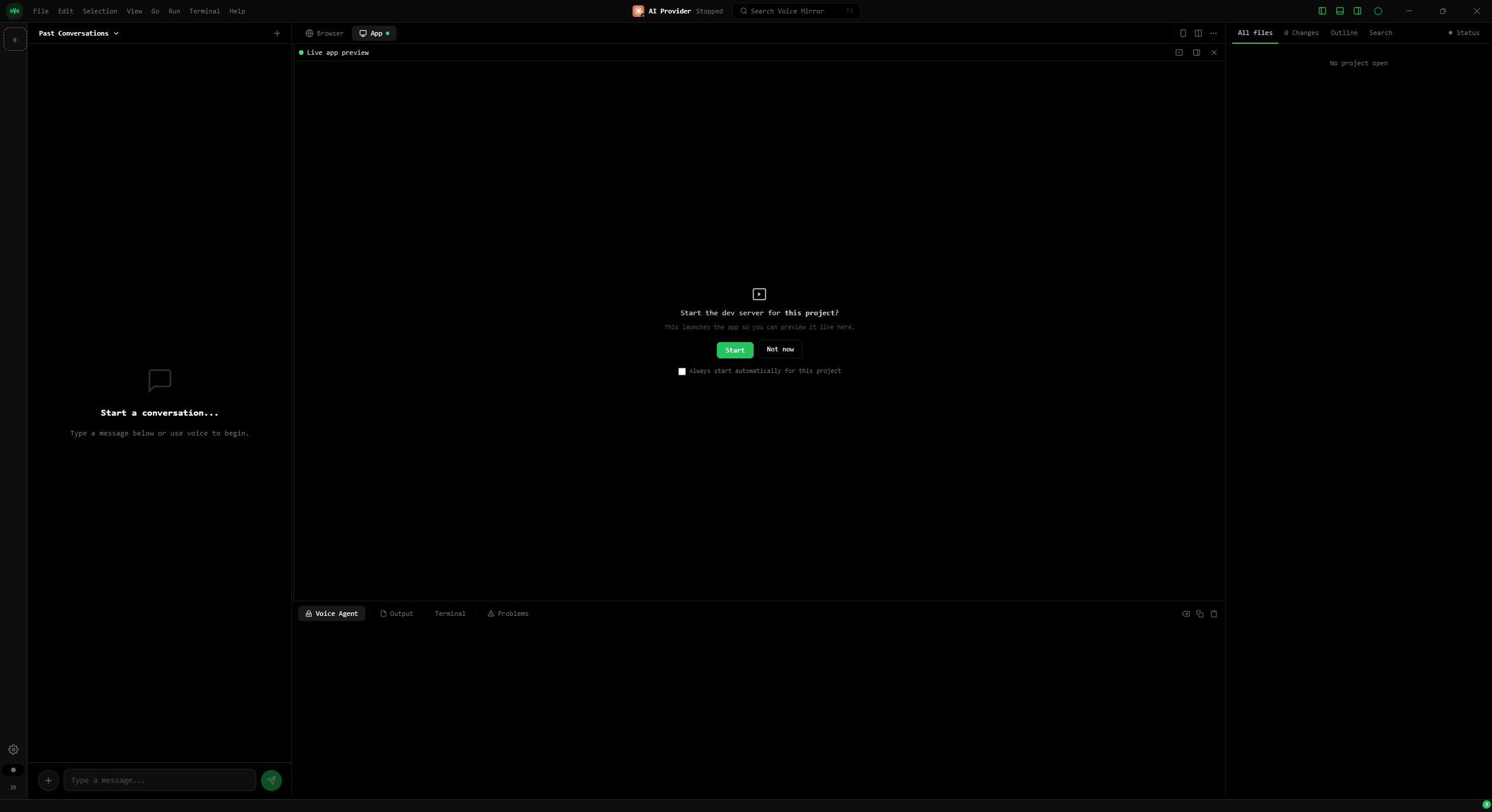Voice Mirror — the voice-native IDE: file tree, live App Preview, chat, and terminal in one window