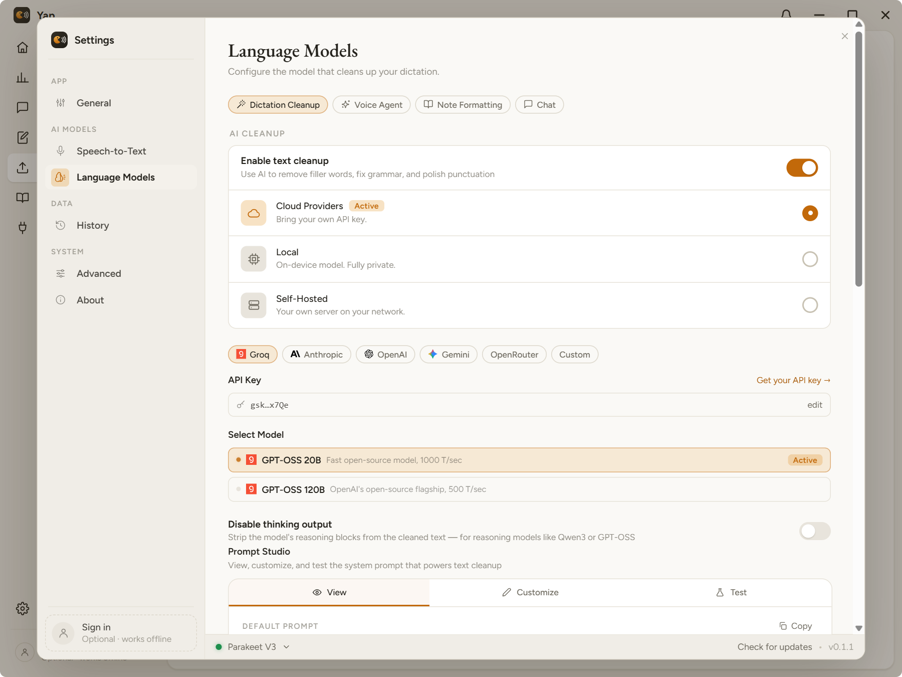 Yap settings, Language Models: AI cleanup switched on, provider tabs for Groq, Anthropic, OpenAI, Gemini, OpenRouter and Custom, and the model list