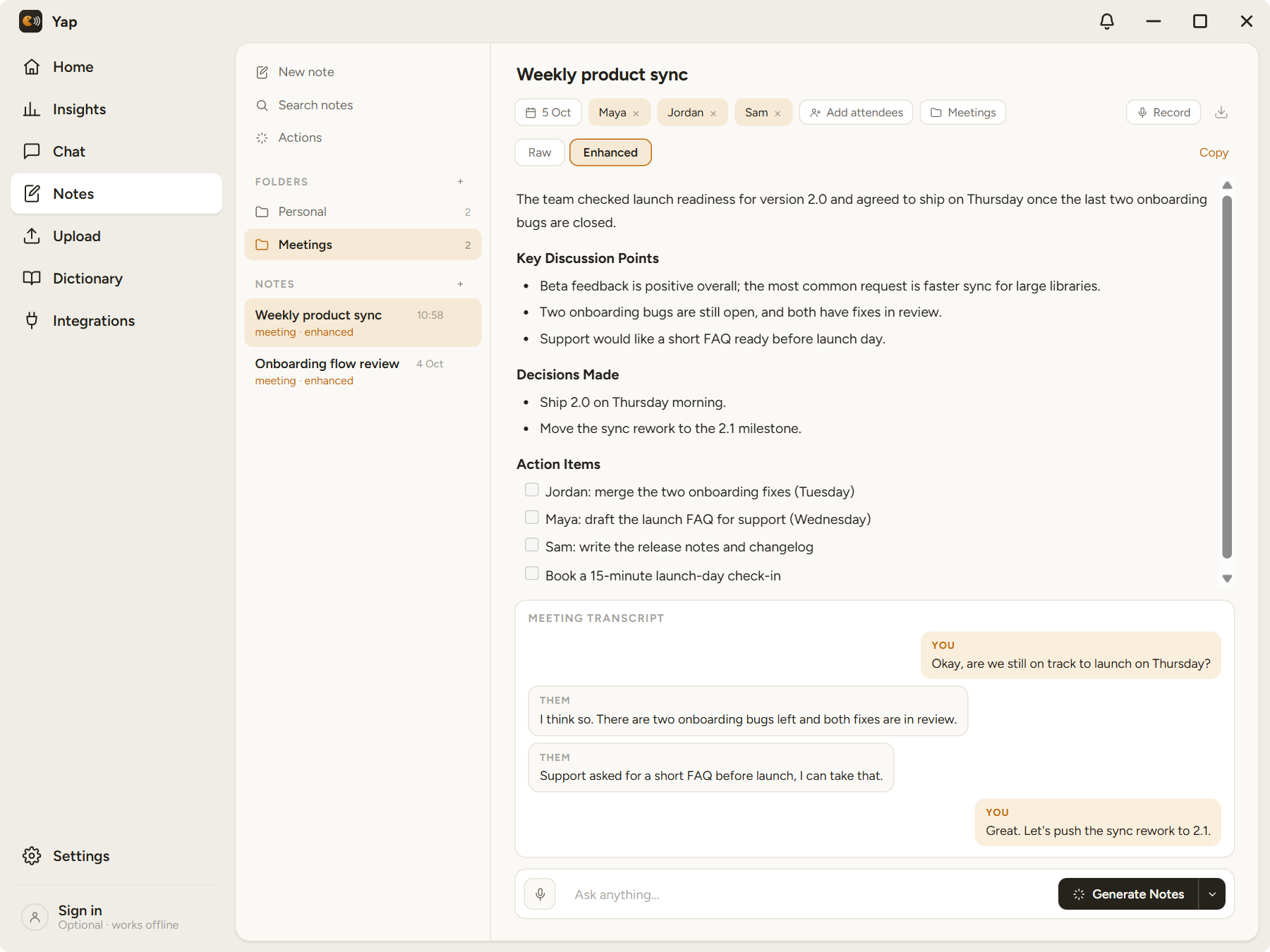 Yap's AI Notepad: a meeting note with attendees, AI-written minutes and action items, and the You/Them meeting transcript