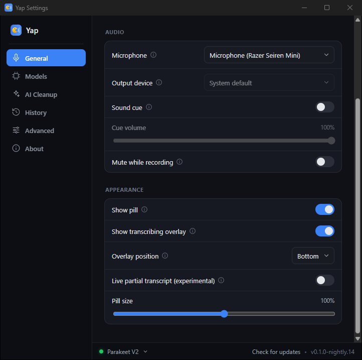 Yap settings — audio devices, pill and overlay appearance, model picker